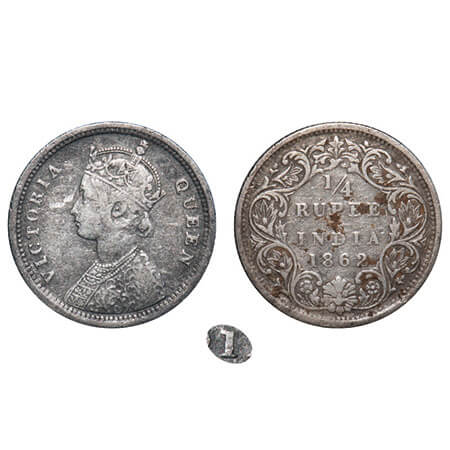 Victoria Queen, Silver, 1/4 Rupee, 1862, Madras Mint, A/I, Error, 1st letter 'I' in Victor