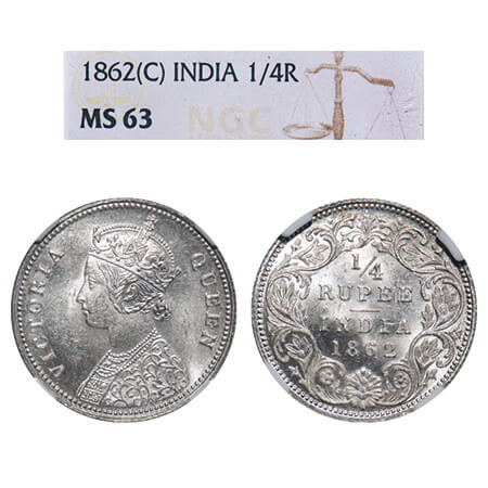 Victoria Queen, Silver, 1/4 Rupee, 1862, Calcutta Mint, A/I. F. Prid 376. GK 375. NGC Slab