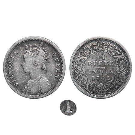 Victoria Queen, Silver, 1/4 Rupee, 1862, Madras Mint, A/I, Error, 1st letter 'I' in Victor