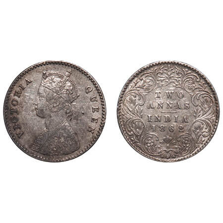 Victoria Queen, Silver, 2 Annas, 1862, Calcutta Mint, A/I, Bottom flower centre top petal 