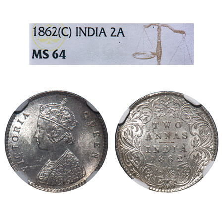 Victoria Queen, Silver, 2 Annas, 1862, Calcutta Mint, A/I, Bottom flower centre top petal 