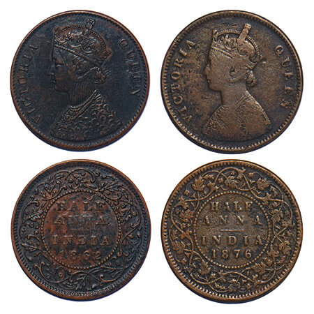 Victoria Queen, Copper, Half Anna, (2 coins), 1) 1862, Bombay Mint, A/I(i), Flowers with 5