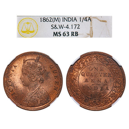Victoria Queen, Copper, Quarter Anna, 1862, Madras Mint, A/I, No mint mark, No privy mark.