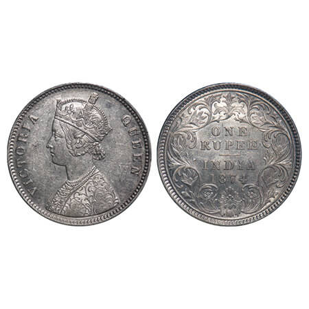 Victoria Queen, Silver, Rupee, 1874, Calcutta Mint, A1/I, No mint mark. F. Prid 112. GK 41