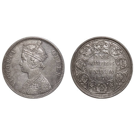 Victoria Queen, Silver, Rupee, 1875, Bombay Mint, A2/II, Dot, Top stroke of numeral 5 long