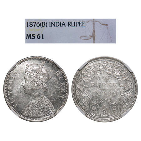 Victoria Queen, Silver, Rupee, 1876, Bombay Mint, A2/II, Dot. F. Prid 147. GK 430. NGC Sla