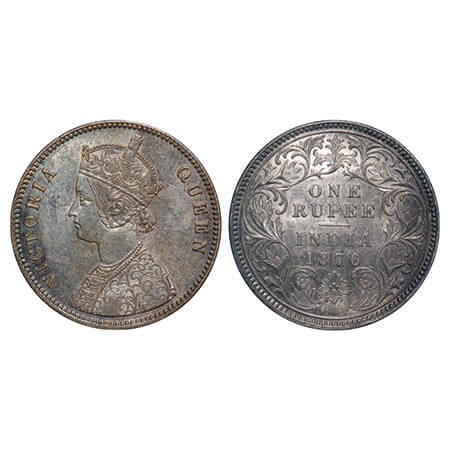 Victoria Queen, Silver, Rupee, 1876, Calcutta Mint, A1/I, No mint mark, Ghost on Rev. F. P