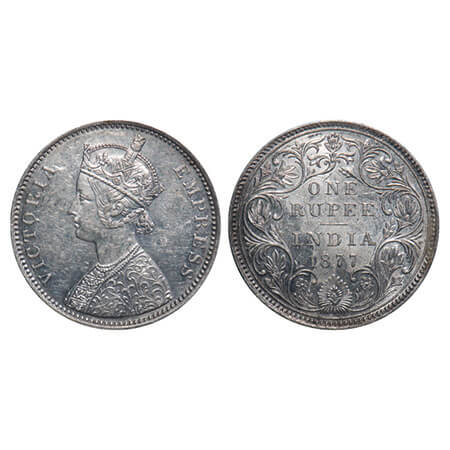 Victoria Empress, Silver, Rupee, 1877, Bombay Mint, A3/II(i), Dot, Thin numeral 77. F. Pri