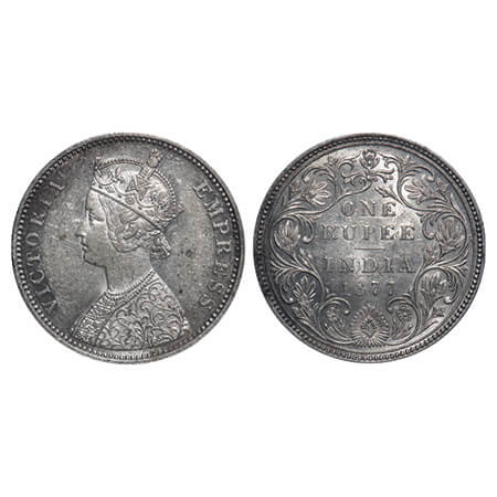 Victoria Empress, Silver, Rupee, 1877, Bombay Mint, A3/II(i), Dot, Thin numeral 77. F. Pri