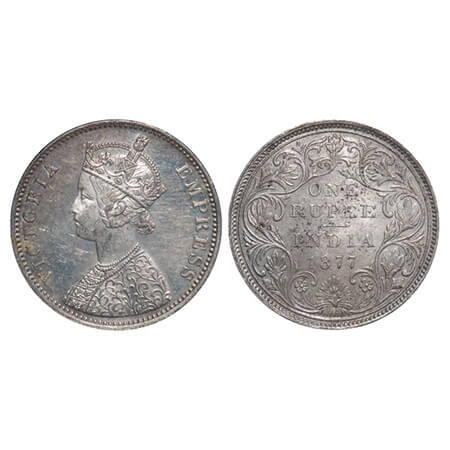 Victoria Empress, Silver, Rupee, 1877, Bombay Mint, A3/II(i), Dot, Thin numeral 77. F. Pri