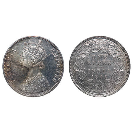 Victoria Empress, Silver, Rupee, 1877, Bombay Mint, A3/I, Dot. F. Prid 150. GK 444. Almost