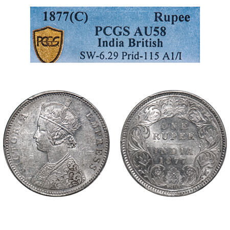 Victoria Empress, Silver, Rupee, 1877, Calcutta Mint, A1/I, No mint mark, Thick numeral 77