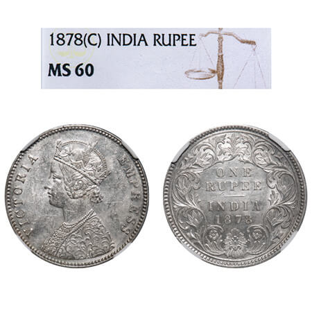 Victoria Empress, Silver, Rupee, 1878, Calcutta Mint, A1/I, No mint mark. F. Prid 116. GK 