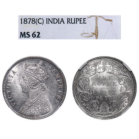 Victoria Empress, Silver, Rupee, 1878, Calcutta Mint, A1/I, No mint mark. F. Prid 116. GK 
