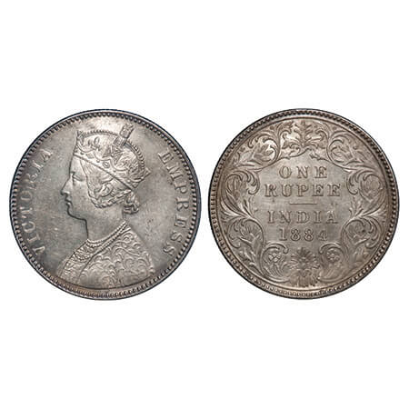 Victoria Empress, Silver, Rupee, 1884, Bombay Mint, A3/I, 'B' raised. F. Prid 167. GK 489.