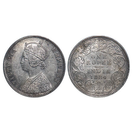 Victoria Empress, Silver, Rupee, 1884, Calcutta Mint, A1/I, 'C' incused. F. Prid 123. GK 4
