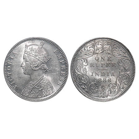 Victoria Empress, Silver, Rupee, 1886, Bombay Mint, C2/I, 'B' incused, Right bottom stroke