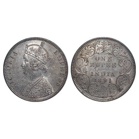 Victoria Empress, Silver, Rupee, 1891, Bombay Mint, C2/I, 'B' incused, Bottom curve of num