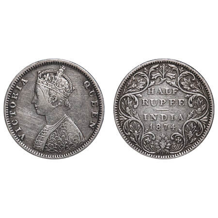 Victoria Queen, Silver, Half Rupee, 1874, Bombay Mint, B1/II, Dot. F. Prid 284. GK 599. Ve
