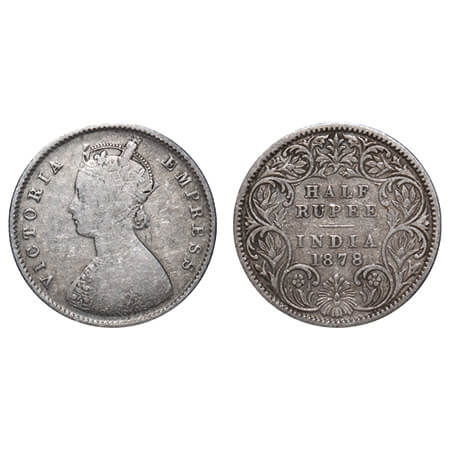 Victoria Empress, Silver, Half Rupee, 1878, Calcutta Mint, A/I, No mint mark. F. Prid 262.
