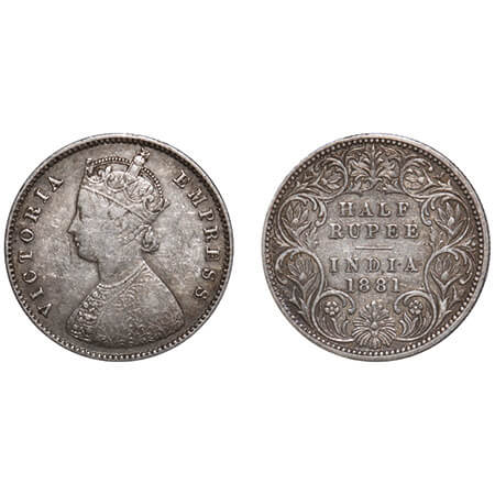 Victoria Empress, Silver, Half Rupee, 1881, Calcutta Mint, A/I, 'C' incused. F. Prid 265. 