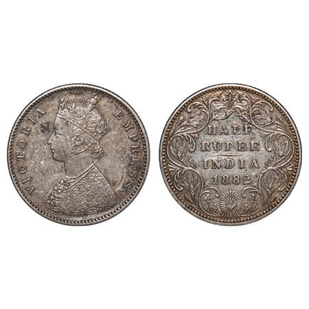 Victoria Empress, Silver, Half Rupee, 1882, Bombay Mint, A/II, Dot. F. Prid 291. GK 620. V