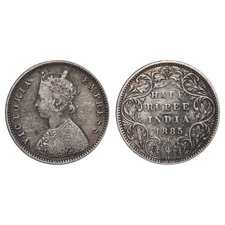 Victoria Empress, Silver, Half Rupee, 1885, Bombay Mint, A/II(i), 'B' raised, Centre verti