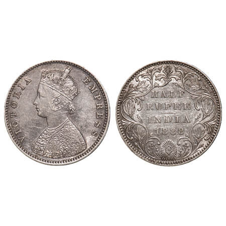 Victoria Empress, Silver, Half Rupee, 1888, Bombay Mint, A/II(i), No mint mark, w/o 'B' ma