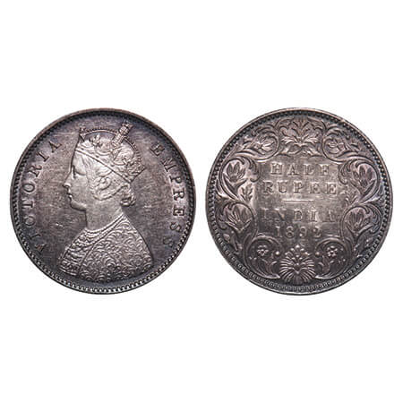 Victoria Empress, Silver, Half Rupee, 1892, Bombay Mint, A/I, 'B' incused, Nicks on Rev ri