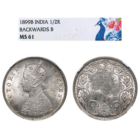 Victoria Empress, Silver, Half Rupee, 1899, Bombay Mint, A/I, 'B' incused, B incuse invert