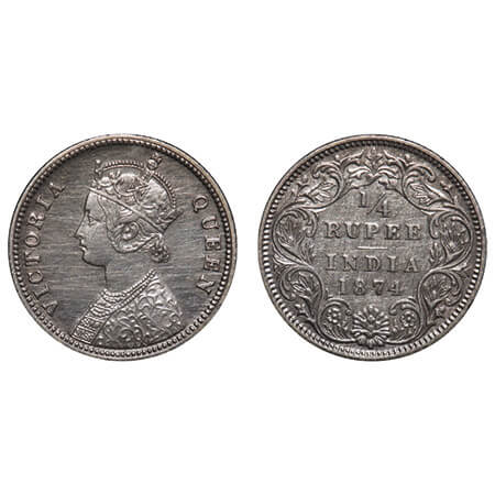 Victoria Queen, Silver, 1/4 Rupee, 1874, Calcutta Mint, A/I, No mint mark, No 'C'. F. Prid