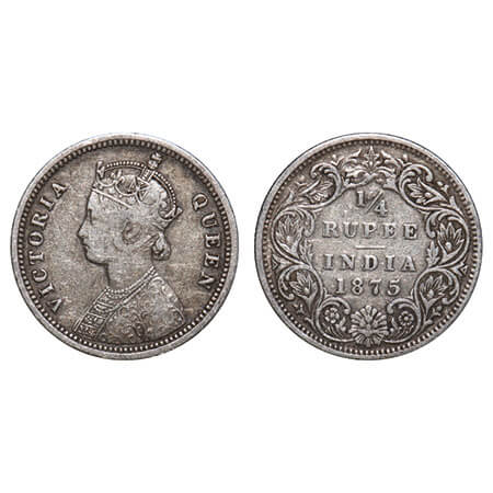 Victoria Queen, Silver, 1/4 Rupee, 1875, Bombay Mint, A/I, No dot. F. Prid 406. GK 666. Ve
