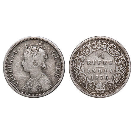 Victoria Queen, Silver, 1/4 Rupee, 1876, Bombay Mint, A/I, No dot. F. Prid 407. GK 668. Fi