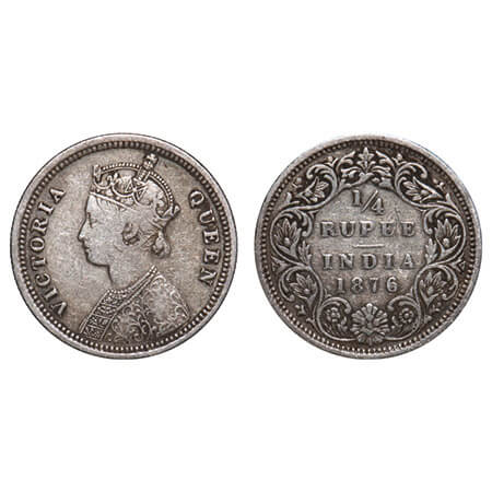Victoria Queen, Silver, 1/4 Rupee, 1876, Bombay Mint, A/I, No dot. F. Prid 407. GK 668. Ve