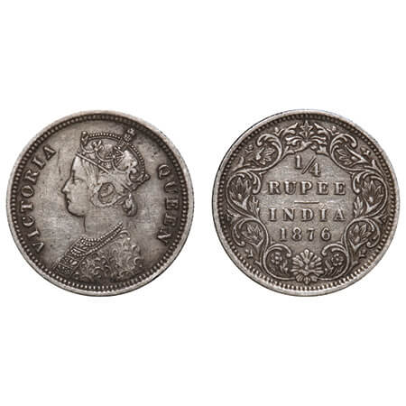 Victoria Queen, Silver, 1/4 Rupee, 1876, Bombay Mint, A/I, No Dot. F. Prid 407. GK 668. Ve