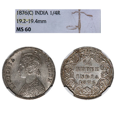 Victoria Queen, Silver, 1/4 Rupee, 1876, Calcutta Mint, A/I, No mint mark, No 'C', The coi