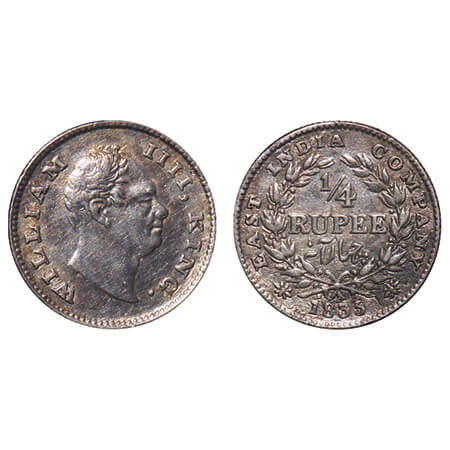 William IV, Silver, 1/4 Rupee, 1835, Calcutta Mint, A/II, 'F' incused, Large & thick size 