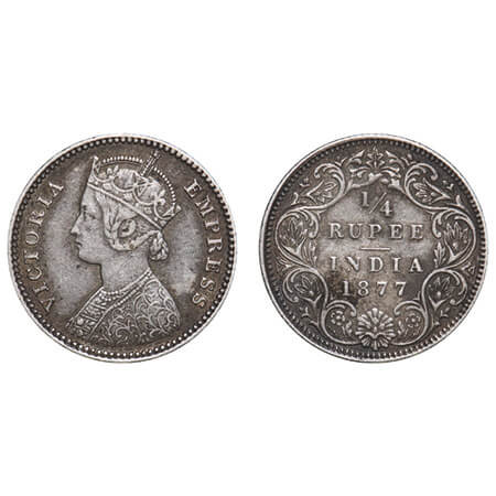 Victoria Empress, Silver, 1/4 Rupee, 1877, Calcutta Mint, B/I, No mint mark, No 'C'. F. Pr