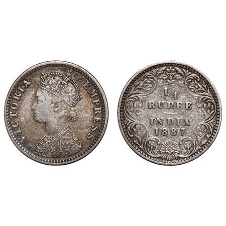 Victoria Empress, Silver, 1/4 Rupee, 1887, Bombay Mint, C(i)/II, 'B' raised. F. Prid 420. 