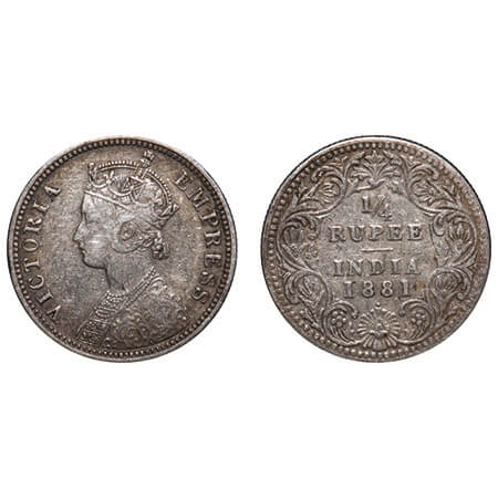 Victoria Empress, Silver, 1/4 Rupee, 1881, Bombay Mint, A/II, Dot, Big dot above bottom fl