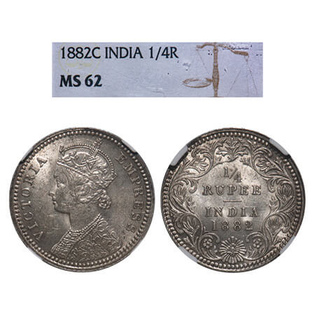 Victoria Empress, Silver, 1/4 Rupee, 1882, Calcutta Mint, C/II, 'C' incused. F. Prid 387. 