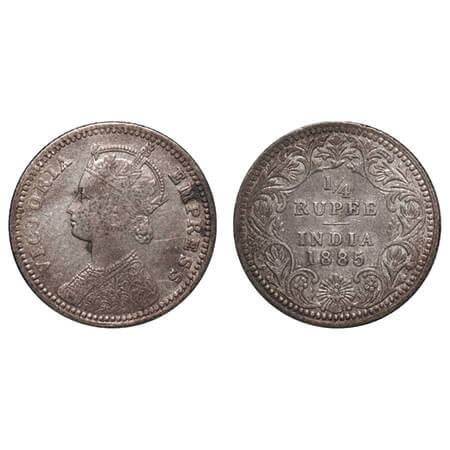 Victoria Empress, Silver, 1/4 Rupee, 1885, Calcutta Mint, C/II, 'C' incused. F. Prid 390. 