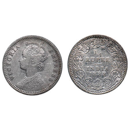 Victoria Empress, Silver, 1/4 Rupee, 1888, Calcutta Mint, C/II, No mint mark, No 'C'. F. P