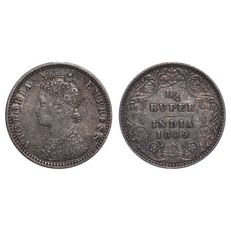 Victoria Empress, Silver, 1/4 Rupee, 1889, Bombay Mint, C(i)/II, 'B' incused. F. Prid 423.