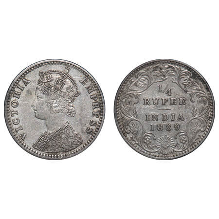 Victoria Empress, Silver, 1/4 Rupee, 1889, Bombay Mint, C(i)/II, 'B' incused. F. Prid 423.