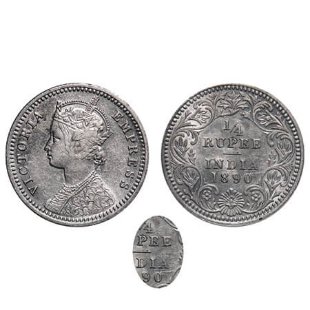 Victoria Empress, Silver, 1/4 Rupee, 1890, Calcutta Mint, C/II, 'C' incused, Double ghost 