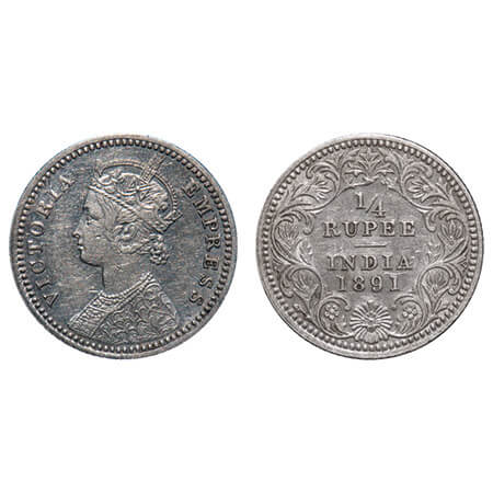 Victoria Empress, Silver, 1/4 Rupee, 1891, Calcutta Mint, C/II, 'C' incused, Ghost on Rev.