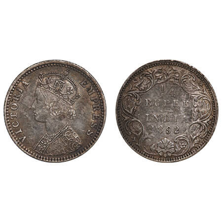 Victoria Empress, Silver, 1/4 Rupee, 1892, Bombay Mint, C(i)/I, 'B' incused. F. Prid 426. 