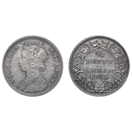 Victoria Empress, Silver, 1/4 Rupee, 1894, Bombay Mint, C(i)/I, 'B' incused. F. Prid 428. 