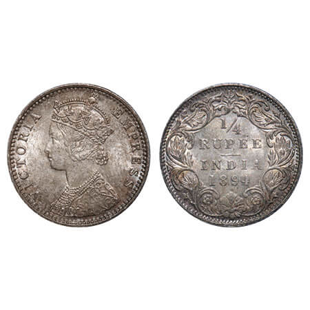 Victoria Empress, Silver, 1/4 Rupee, 1894, Bombay Mint, C(i)/I, 'B' incused. F. Prid 428. 